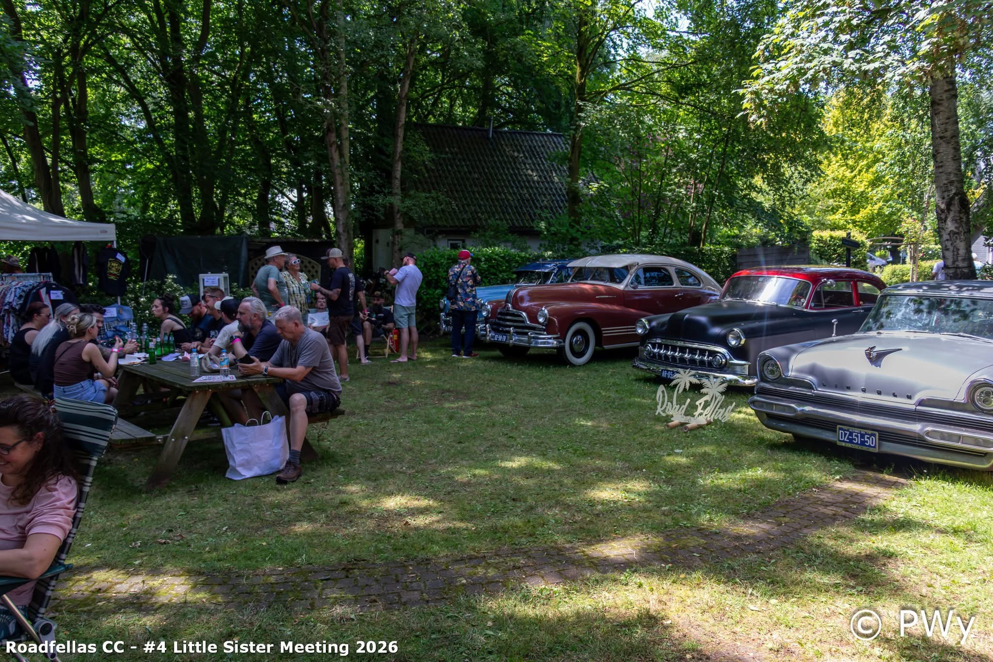 Gasten aan picknicktafel met klassieke auto's op de achtergrond tijdens een privé bijeenkomst