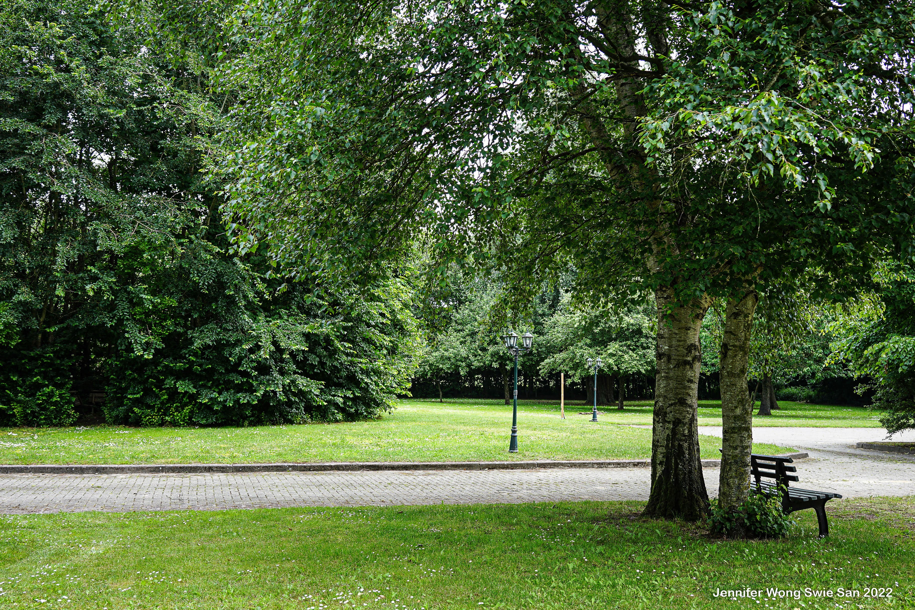 Ruim parkachtig gazon van Wit Kerkje met grote bomen, lantaarnpalen en een bankje